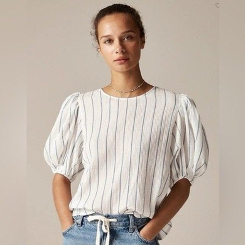 J. Crew NWT Women's Puff Sleeve Top in Sheer Gauze White Striped Size‎ XS